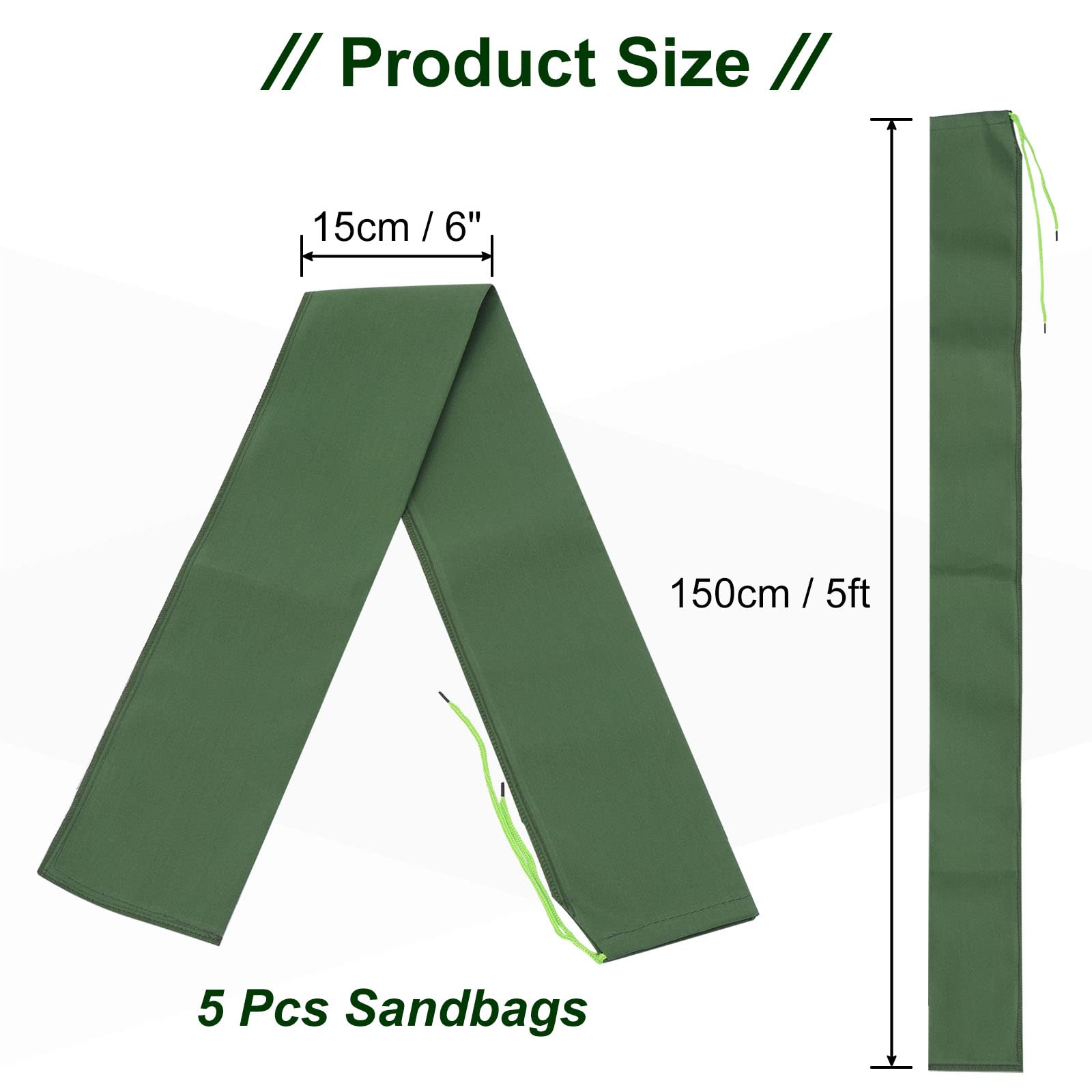 PATIKIL 5 Piedi Sabbia Sacchi per Inondazioni, 5pz Inondazioni Acqua Barriera Sacchi Sabbia con Rilegatura Elastico Fascia Lungo Tela Borse per Porta Finestra Alluvione Controllo, Verde