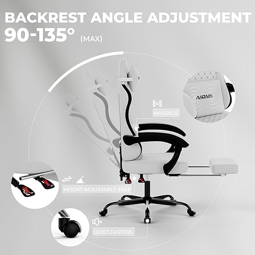 Miniatura 4 de Silla de juegos con masaje, silla ergonómica para juegos de PC, sillas de computadora con reposapiés, cómodo reposacabezas y soporte lumbar,