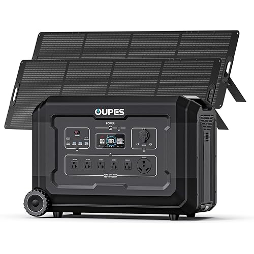 OUPES 3600W Portable Power Station Mega 3 with 2 * 240W Solar Panels, 3072Wh LiFePO4 battery w 6 Huge 3600W AC Output, Solar Generator for Home Emergency Backup, RV, In-grid, Off-grid