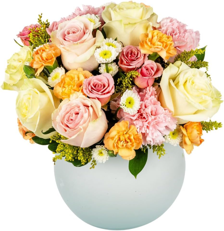 Champagne Dreams in Opal Vase | Peach, Cream Aquabloom | Arabella Bouquets | Real Fresh Flowers for Delivery, Gift for Birthday, Congratulations, Anniversary, Thank You, Mother's Day