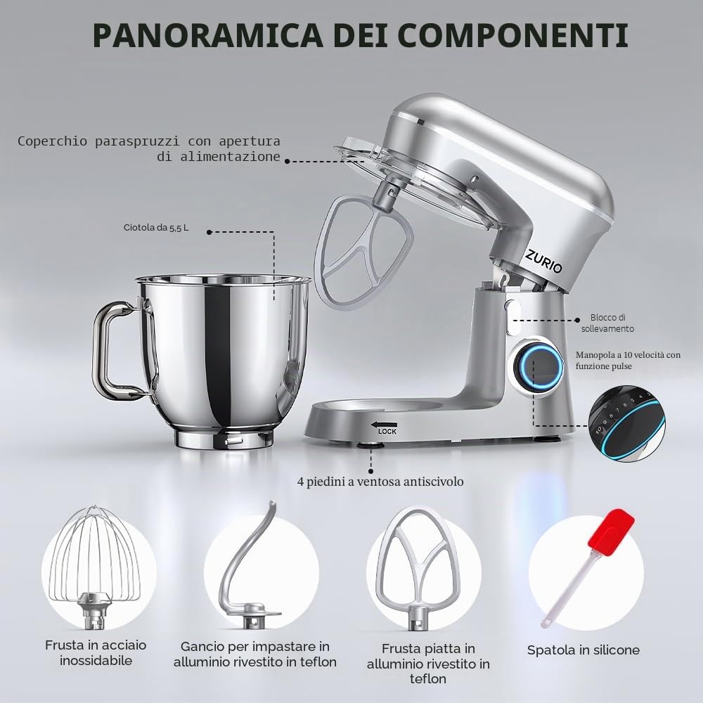 Impastatrice Planetaria, Zurio 5.5L Multifunzione Robot Impastare, 1300W Portable 10 Velocità con Uncino Impastatore, Mescolatore, Frusta Sbattitric