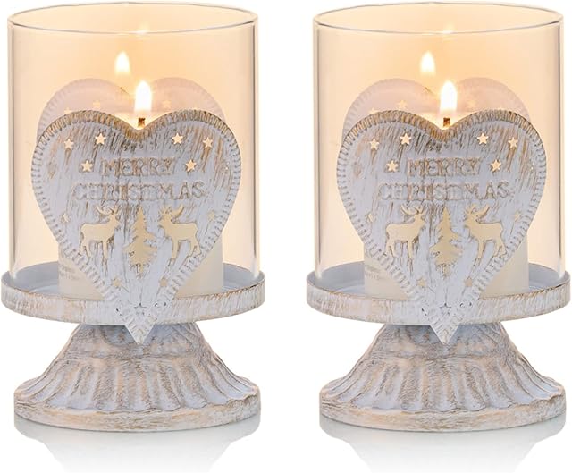 Sziqiqi Vintage Antique Metal Pillar Candle Holders Set of 2, Distressed Hurricane Candlestick Candle Holders Prefer Centerpieces for Christmas Table Mantle Fireplace Decoration, Heart
