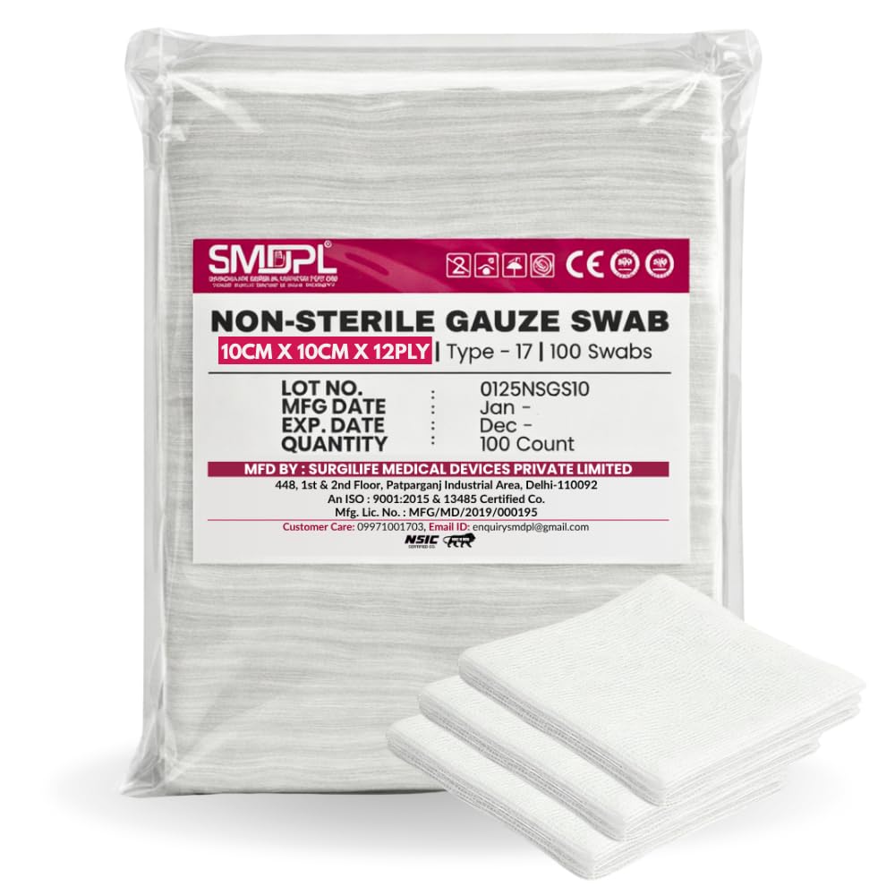 SMDPL Non-Sterile Gauze Swabs 10cm x 10cm, 12Ply - Highly Absorbent, American Fold - Pack of 100Pcs for Medical, First Aid & Wound Care