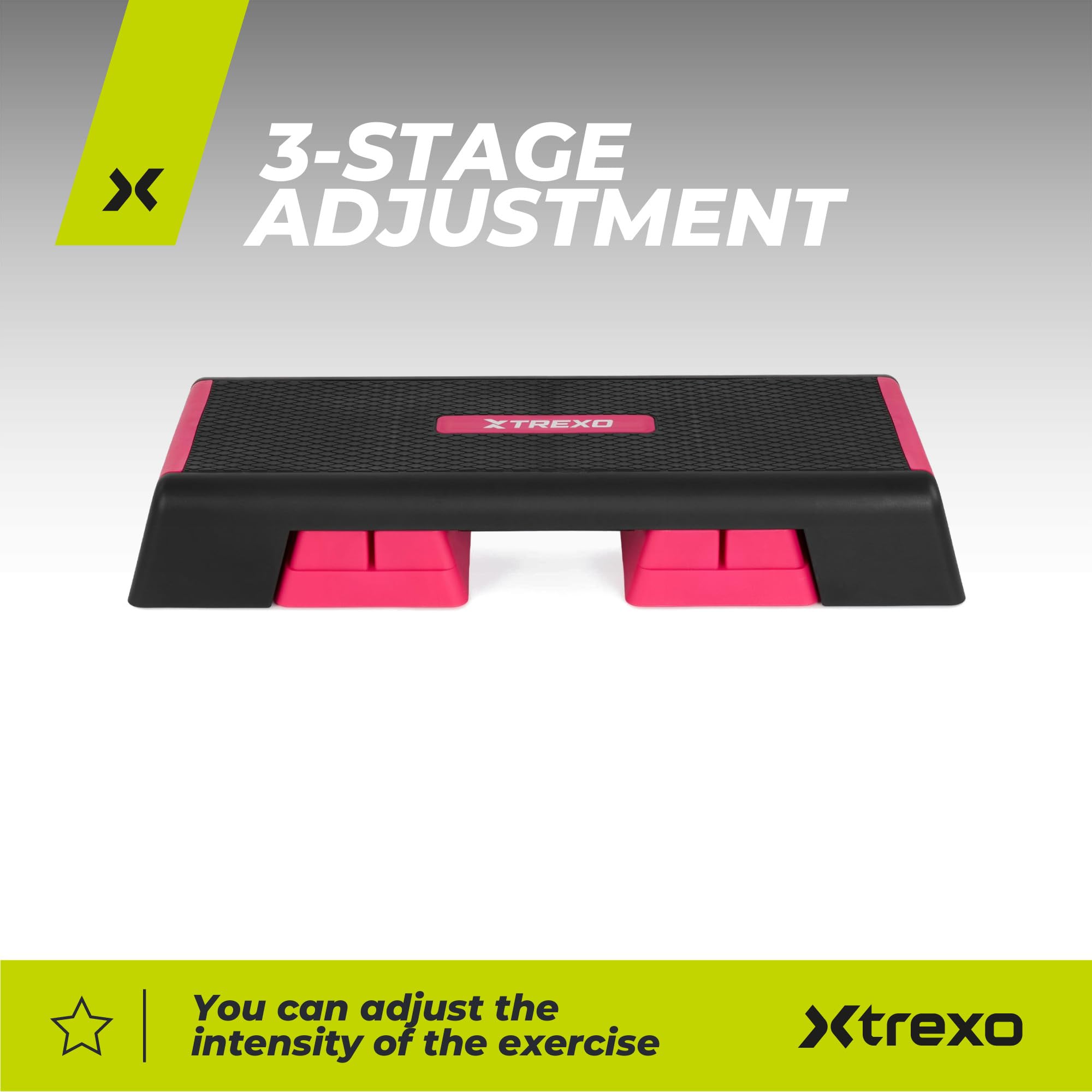 TREXO Paso aeróbico 98 x 38 cm para entrenamiento cardiovascular y fitness, altura regulable 15-20-25 cm, polipropileno duradero y TPR aeróbic step de alta calidad hasta 250 kg, color rosa