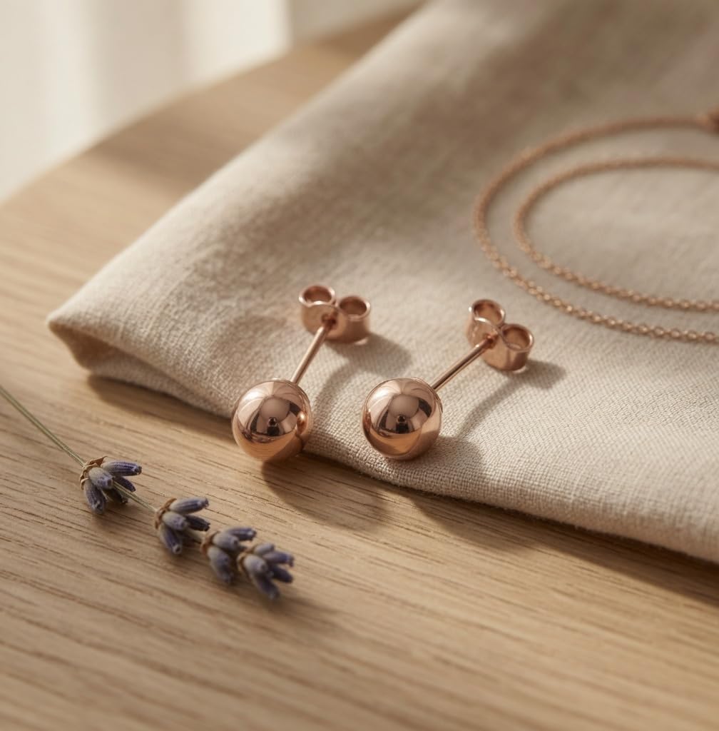 14K Rose Real Gold Ball Stud Earrings