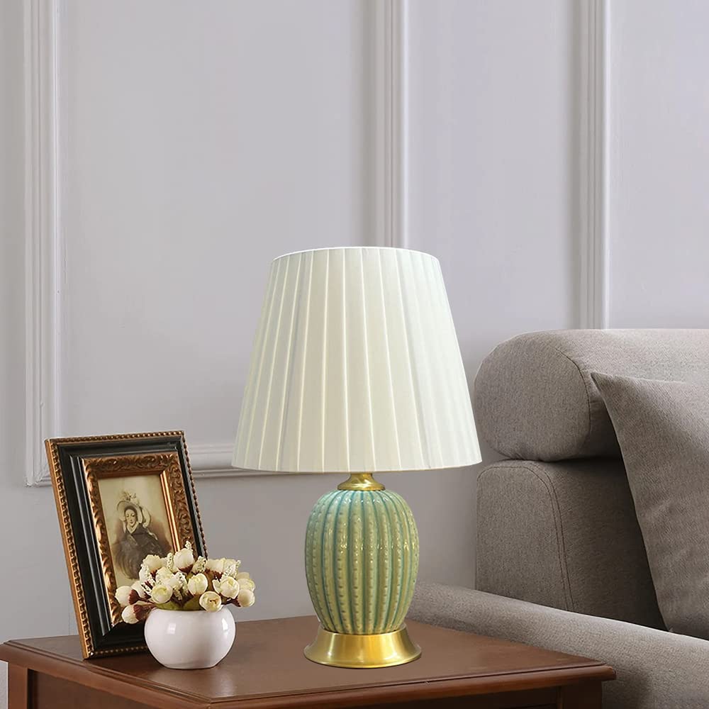 Mengjay Lusso Lampada da Tavolo in Ceramica Camera da Letto Decorazione Luce Lampada da Comodino Paralume in Tessuto Bianco E27 Lampade da Scrivania Soggiorno Camera da Letto Studio (Green)