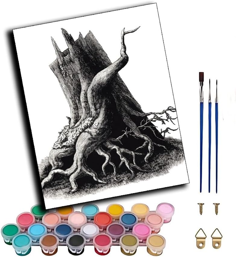 Paint by Numbers Kits for Adults,Broken Tree Stump with Twisted Roots Oil Painting Kits for On Colored Canvas,Easy DIY Acrylic Pigment Drawing Paintwork for Decor Gifts 16x20in，Frameless