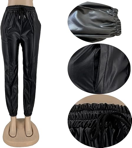 Miniatura 4 de Voghtic Pantalones de cuero para mujer, de cintura alta, con cordón sintético, con bolsillos