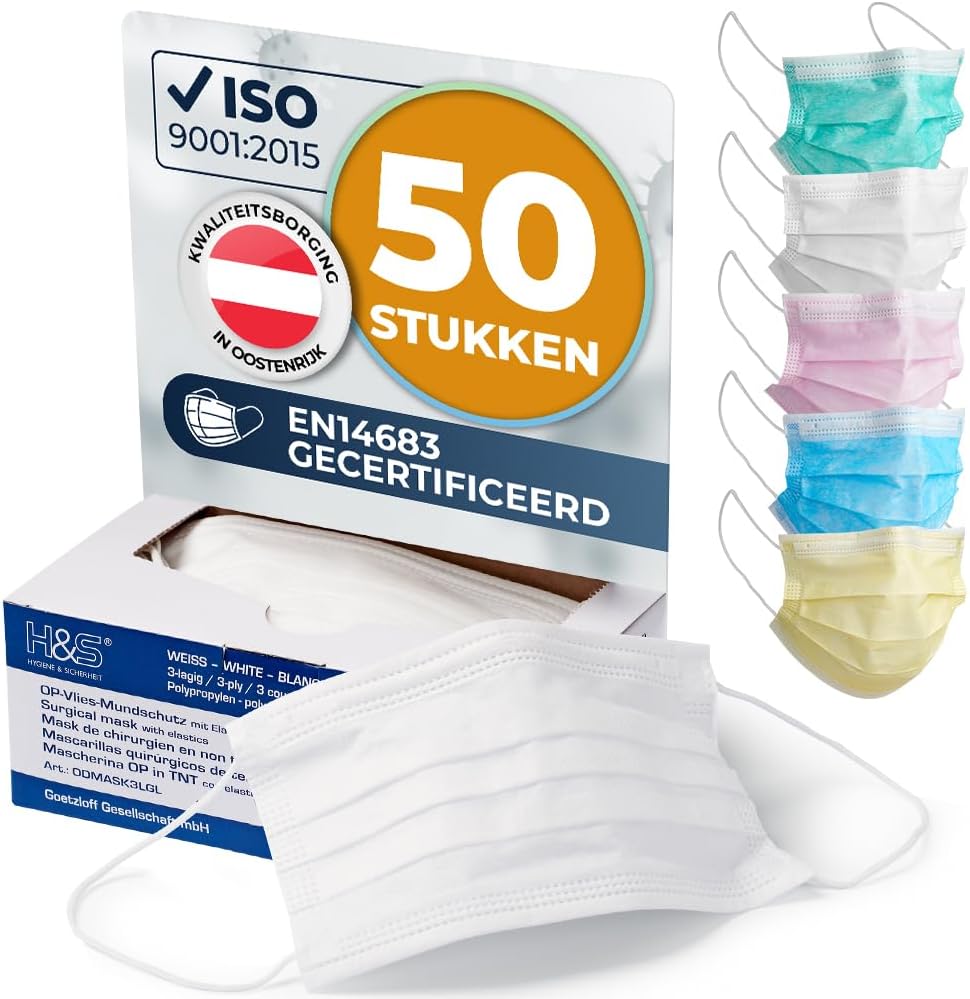 ISC Hygiëne & Veiligheid chirurgisch non-woven gelaatsmasker (50 maskers met elastiek in comfortlengte, 3-laags, 100% PP, met neusklem, glasvezelvrij, latexvrij, groen, wit, rood, geel of blauw