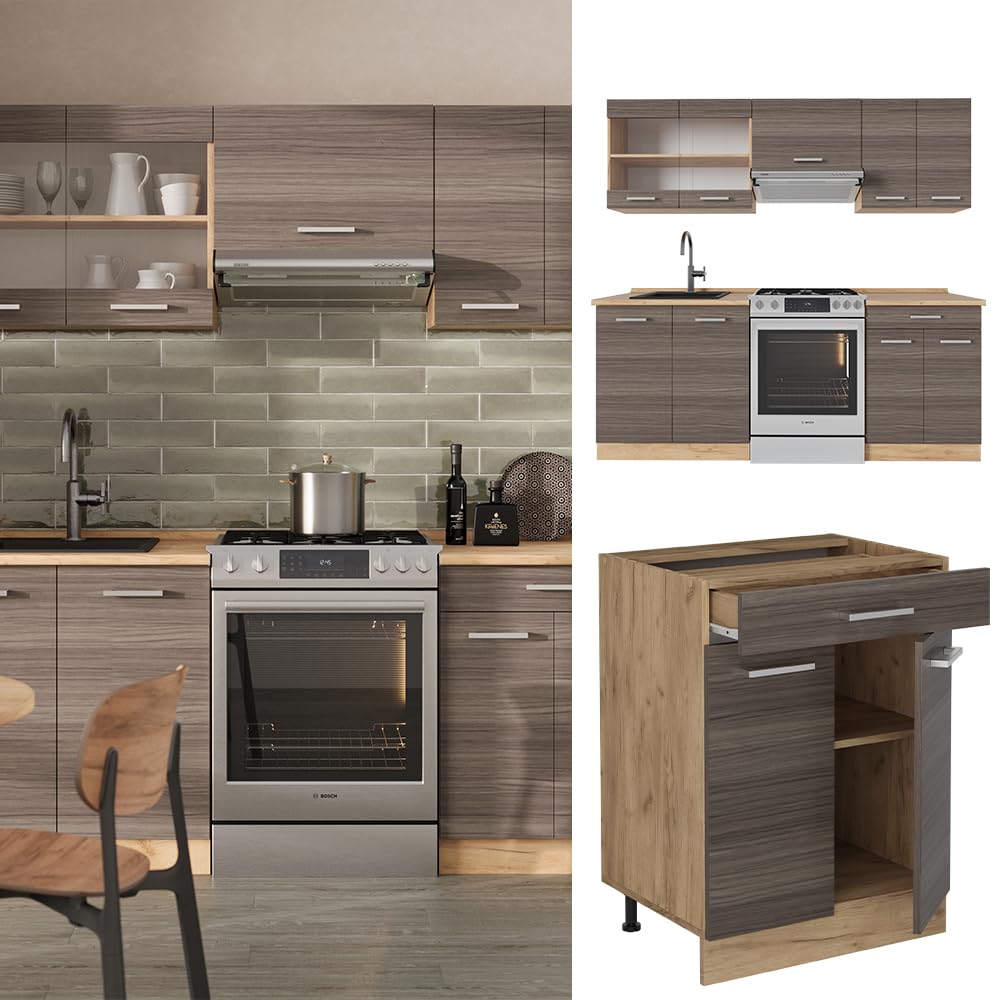 Vicco Küchenzeile R-Line, Edelgrau/Goldkraft Eiche, 200 cm, AP Eiche, geeignet zur individuellen Erweiterung durch Zusatzmodule