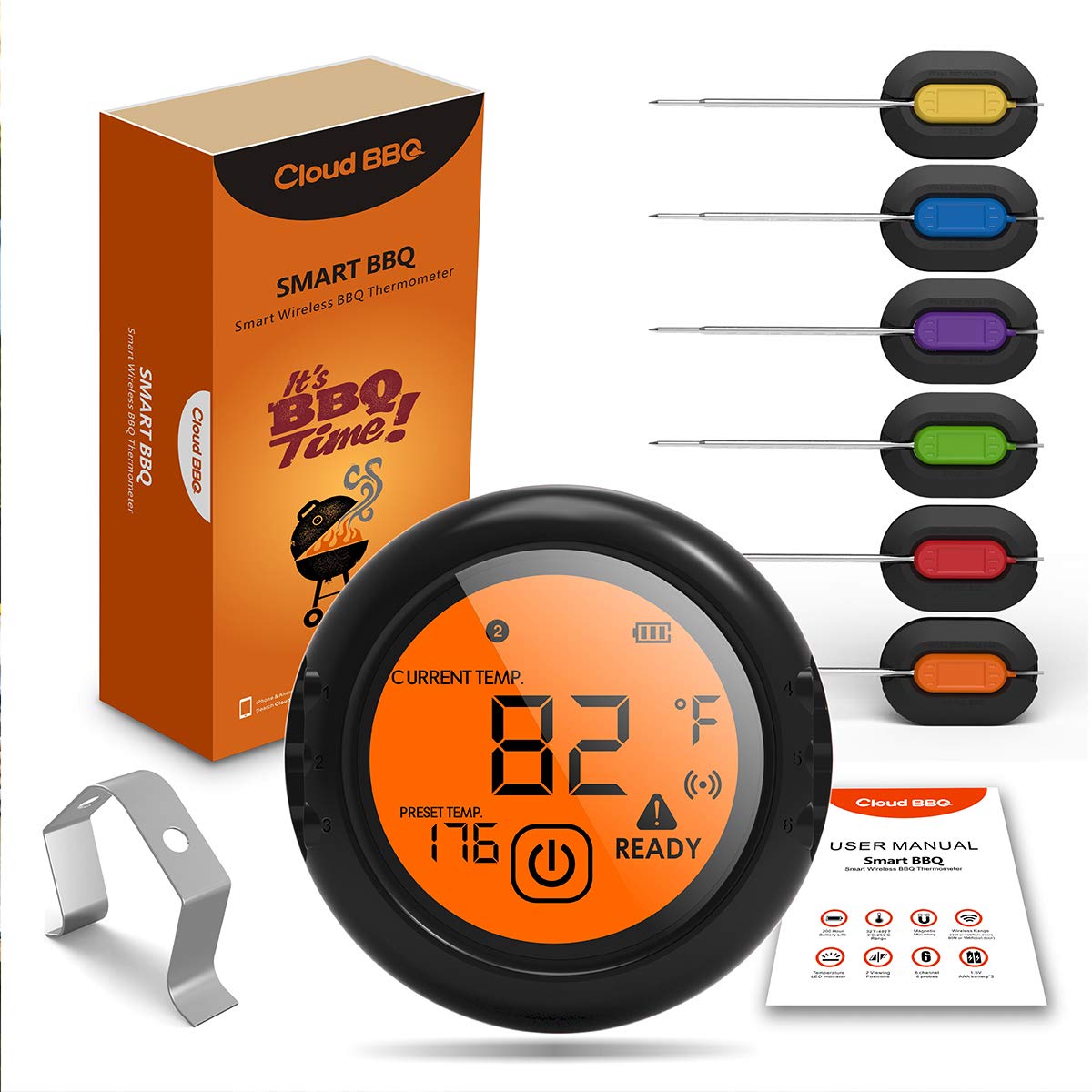 VIDOO Drahtloses Smartphone Bluetooth BBQ Fleischthermometer Digitalthermometer Mit 6 Temperatursonden