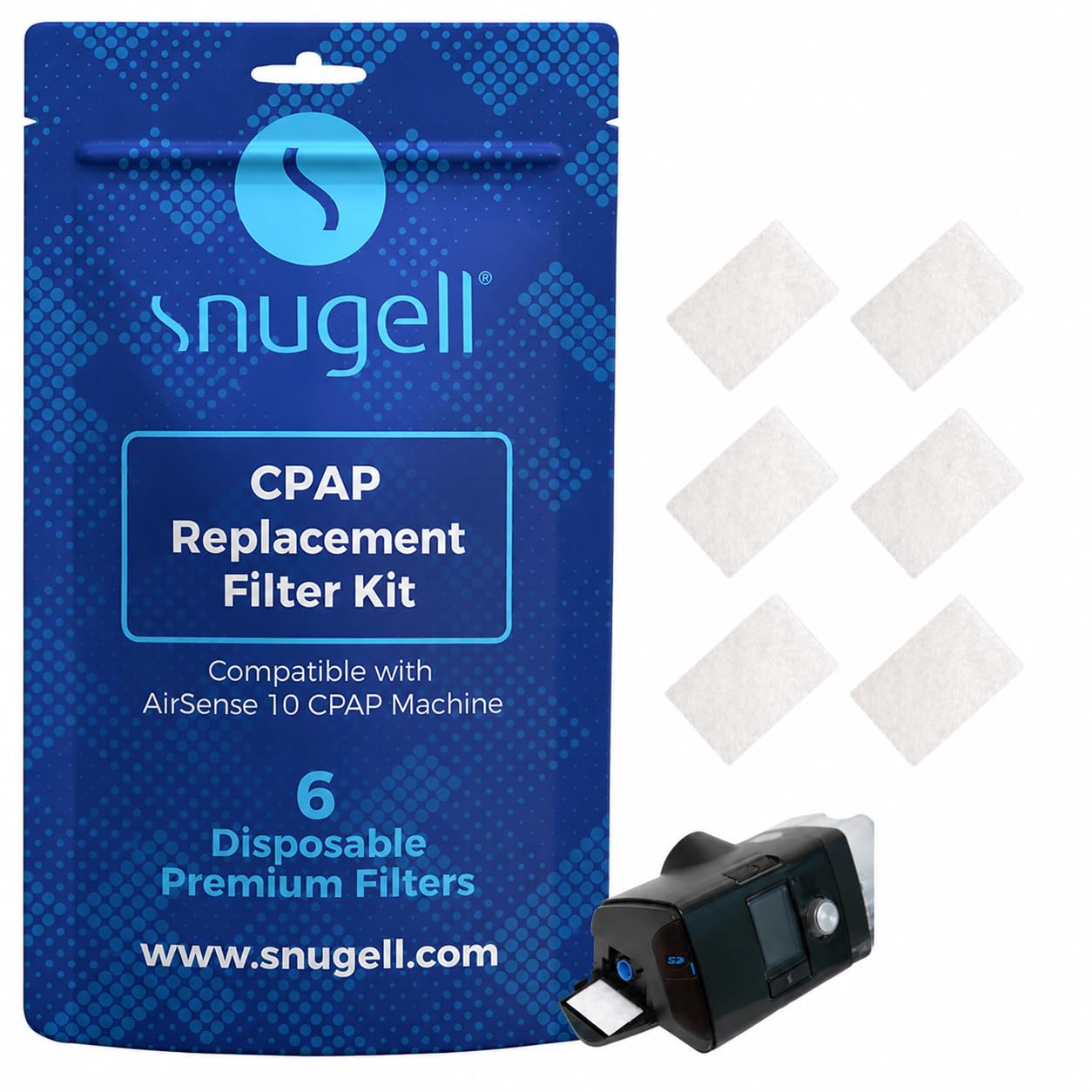 Snugell Disposable CPAP Filters -Compatible with ResMed AirSense 10, AirCurve 10 &amp; S9 Series - Ideal for Home and Travel Use –Easy to Install for Superior Air Filtration &amp; Cleaner Breathing (6-Pack)