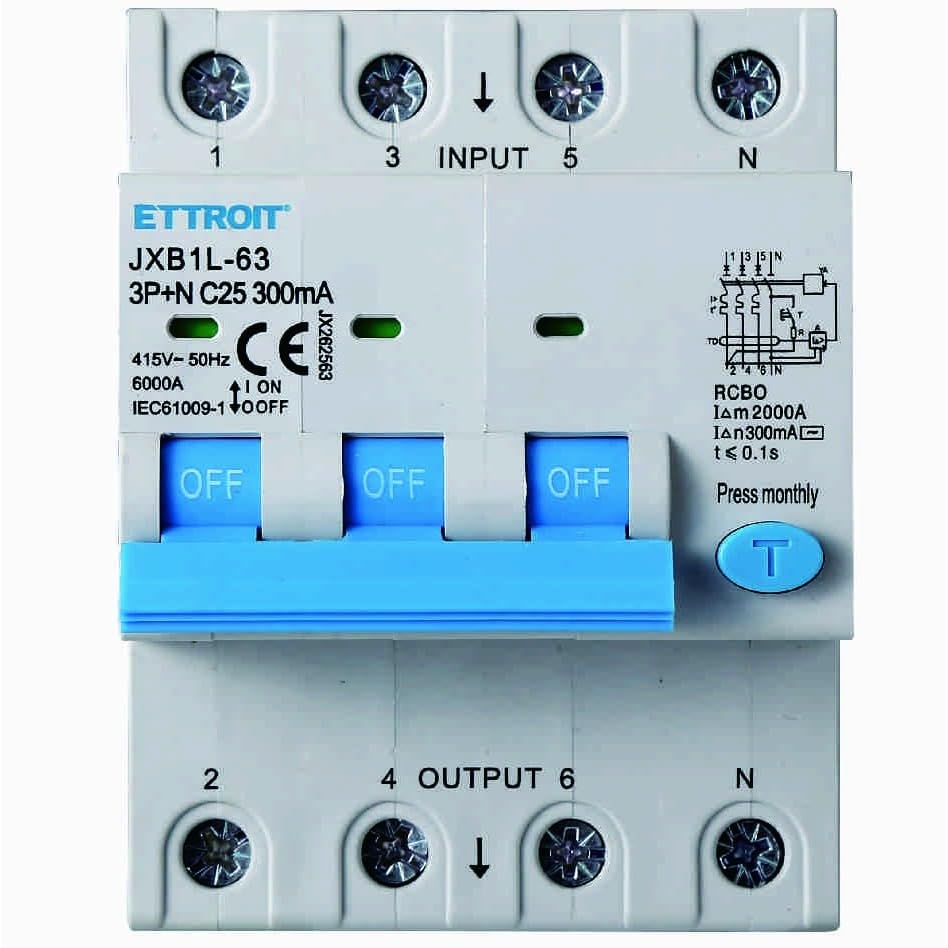 Interruttore Magnetotermico Differenziale 3P+N 25A 300mA 380V-6KA 300mA per Guida DIN - 4 Moduli DIN - Protezione Circuiti e Sicurezza Impianti