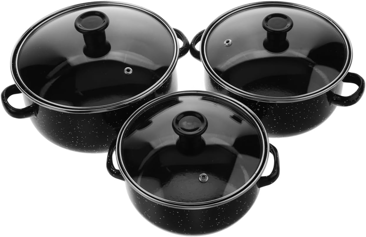 Unomor Enamel Mini Stockpot Set with Lid, Small Coffee-colored Double Handle Soup Pot, Vintage Kitchen Pan for Cooking Stews and Noodles, 3pcs Cookware Set