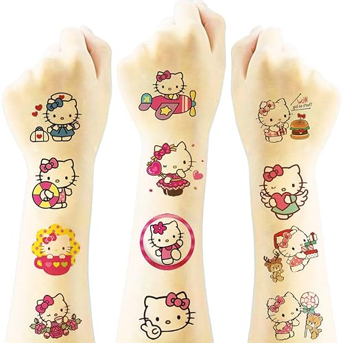 40 tatuajes temporales para niños, suministros de fiesta de cumpleaños de Hello Cat Kitty, recuerdos de fiesta de gatitos, calcomanías de tatuajes