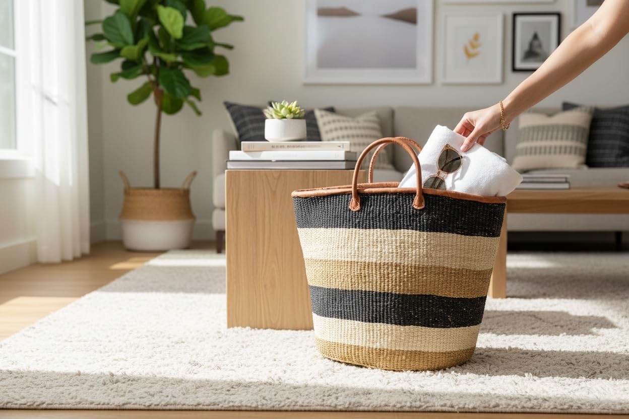 Medium Mifuka Bag Beach Bag Kiondo Kenya Fair trade - Color Block Medium: D:14" x H: 15" With Straps: 20"