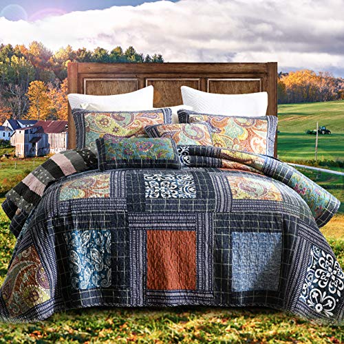 NEWLAKE Cotton Patchwork Bedspread, 3-Piece Bedding Quilt Set with Real Stitched Embroidery, Reversible Matelasse Bed Coverlet Set,Vintage Flowery Grid,Queen Size