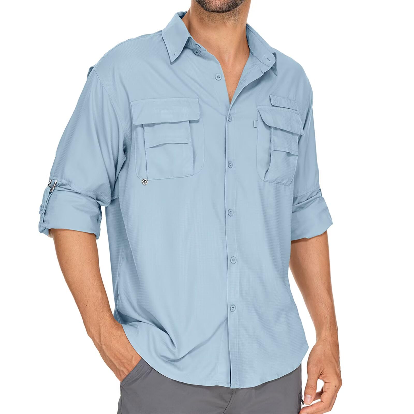 liyiyiyia Men's Hiking Sun Shirt UPF 50, Men's Safari Shirts Long Sleeve Button Down Quick Dry Breathable for Outdoor Fishing