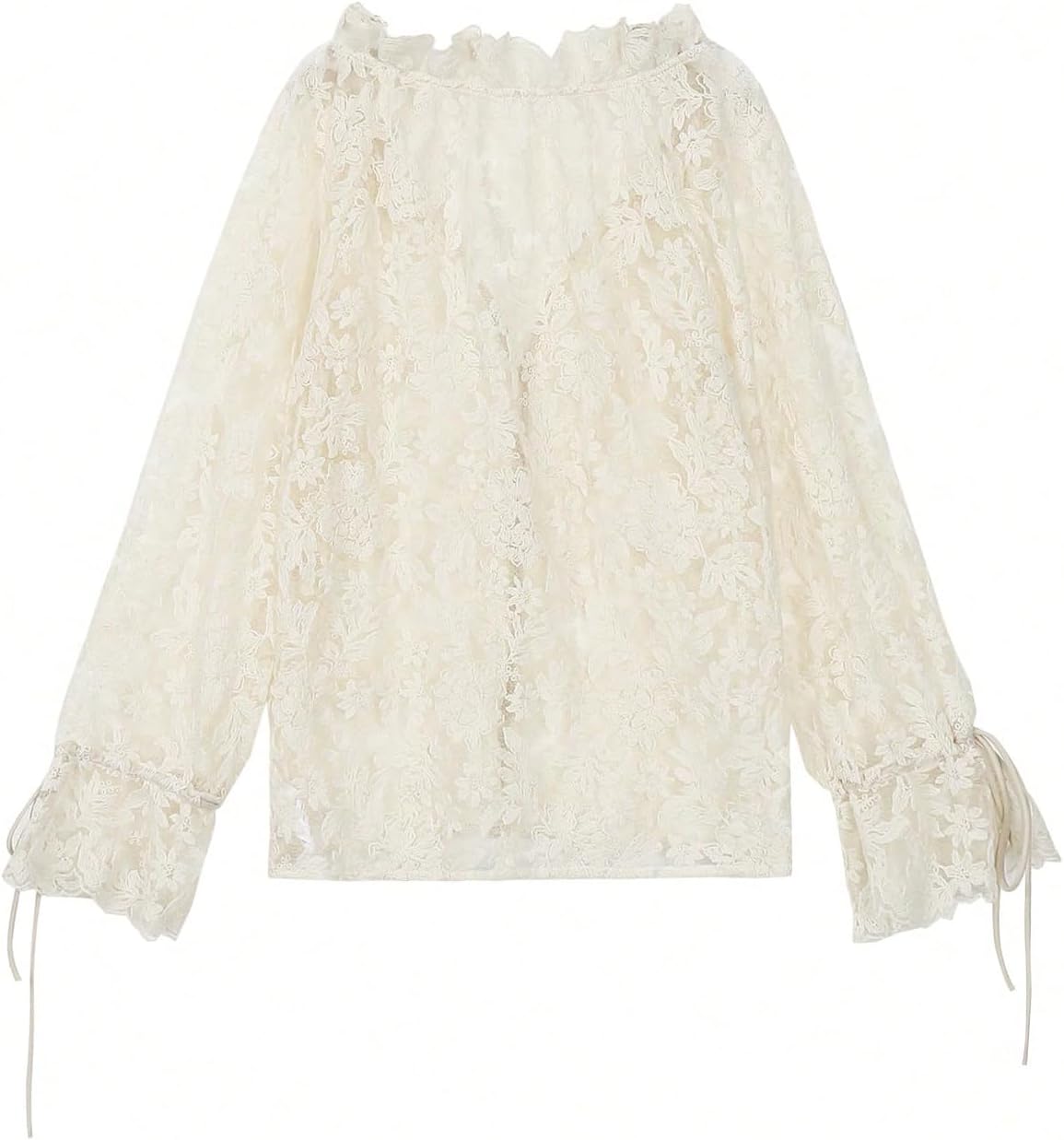 SHENHE Women's Mesh Sheer Blouse Floral Embroidered Bell Long Sleeve Button Up Dressy Shirt Top - Image 5