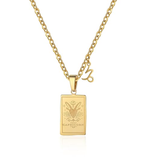 Zodiac Sign Necklace for Women 18K Gold Plated Stainless Steel Chain 20+2 inch Double Sided Constellation Tarot Card Pendant Waterproof Non Tarnish Friendship Jewelry Birthday Gift