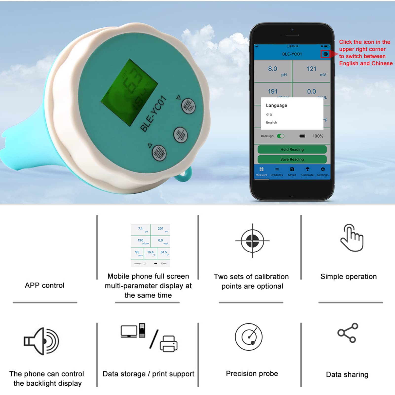 Tester Wody w Basenie, 6 w 1 Miernik Ph Orp Ec Tds Temp Cl z Połączeniem Aplikacji Bluetooth i Automatycznym Zapisem Danych Udostępnij Tester Jakości Wody Zasilany Bateryjnie