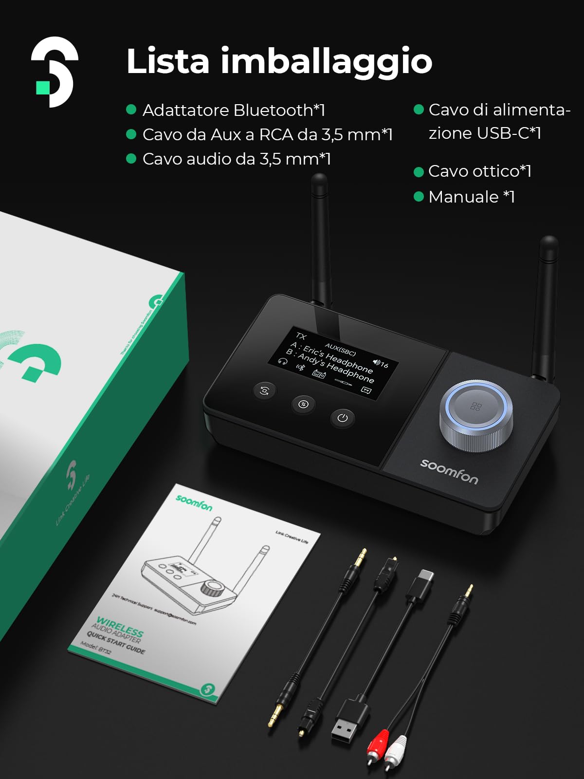 SOOMFON 3-in-1 Trasmettitore Ricevitore Bluetooth 5.3 con doppia Antenna, Adattatore Audio BT per 2 cuffie, Trasmettitore Bluetooth per TV e Stereo, con display e controllo del volume, AUX/Ottico