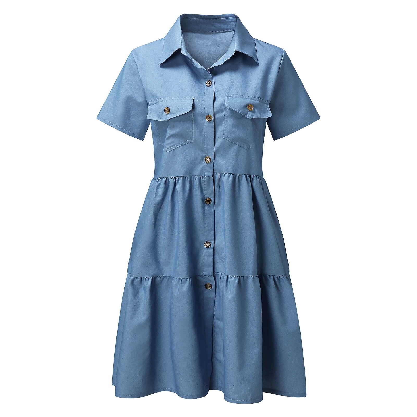 Vestido Vaquero para Mujer con pantalón Corto Informal Veraniego Manga Vuelta hacia Abajo Bolsillos Largo Suelto con Botones