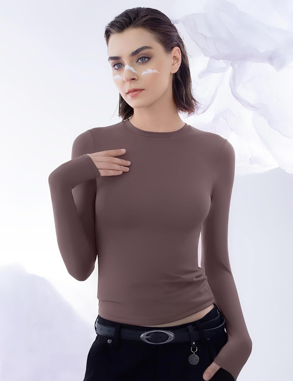 PUMIEY Women's Long Sleeve T Shirts Crew Neck Slim Fit Tops Sexy Basic Tee Smoke Cloud Pro Collection - Image 3