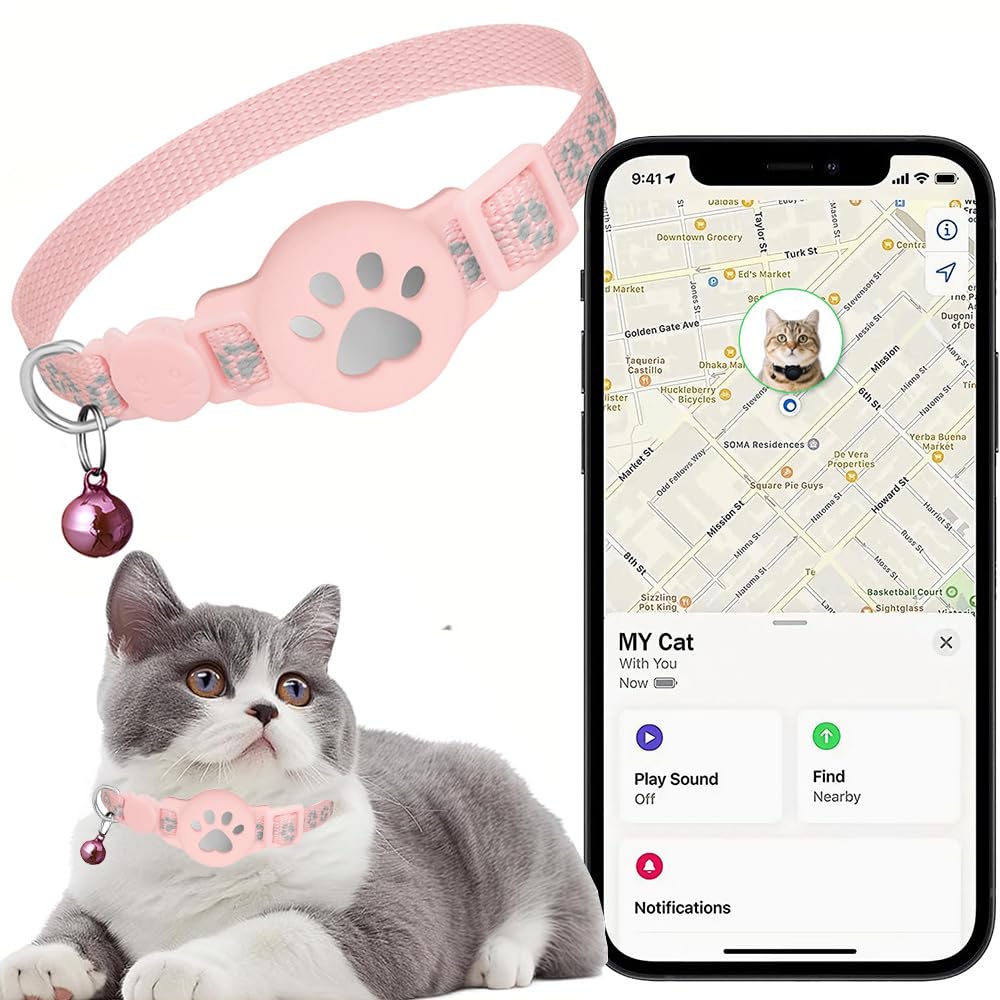 Collar GPS Gatos, GPS para Gatos sin Cuota Mensual, No Requiere SIM, Collar Localizador Compatible con Apple Find My (Solo iOS) (Collar + rastreador Rosa)