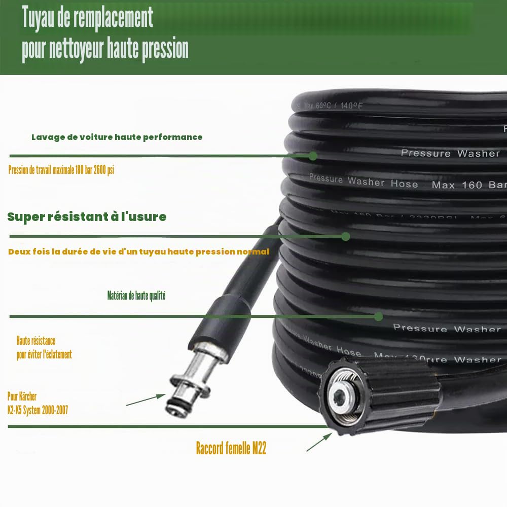 Tuyau haute pression de rechange de 10 m avec tuyau de rechange M22 IG pour Kärcher K2 K3 K4 K5 K6 K7 pour nettoyeur haute pression Karcher K avant 2008 (ancien modèle)