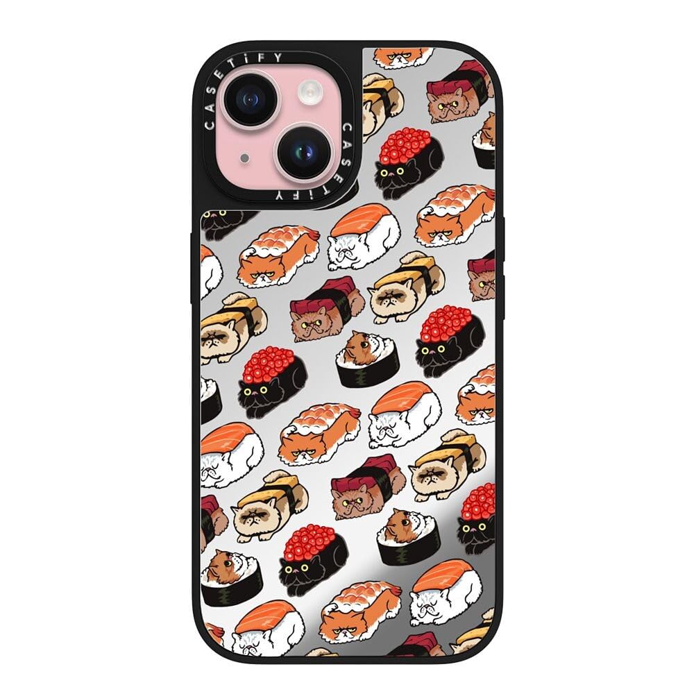 CASETiFY Magsafe 対応ミラー iPhone 15 ケース [反射性 / 1.5mからの落下試験をクリア / Magsafe に対応] - Sushi Persian Cat - シルバー (ブラックバンパー)