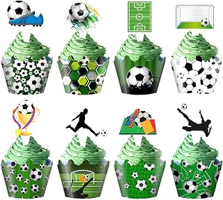48 Pieces Soccer Cupcake Toppers and Wrappers, Soccer Ball Football Sports Field Cupcake Decorations for Boys Girls Kids, Soccer Ball Decorations for Soccer Birthday Football Sports Party Supplies