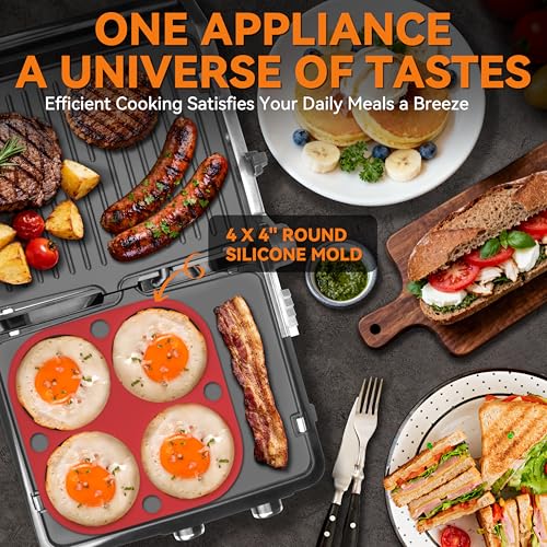 Image of Baker's Friend 4-slice Panini Press Grill Cheese Sandwich Maker, Electric Grill Indoor with Temperature Setting, Opens 180 Degrees, Dual Non-stick Surfaces, 4-circle Silicone Mold, Reversible Plates