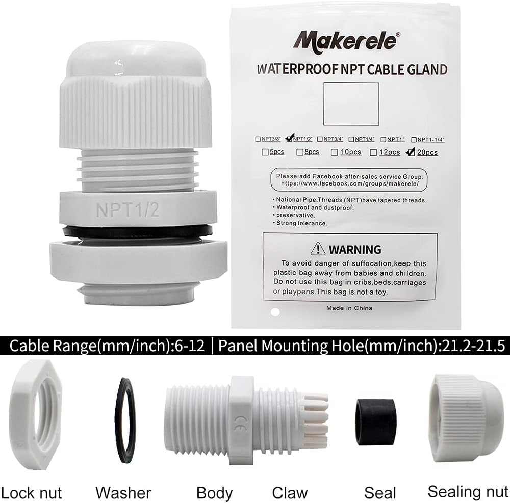 MAKERELE 1/2 NPT Nylon Cable Strain Relief, Waterproof IP68 6-12mm Cable Diameter with Gaskets(1/2 NPT, 20pcs)