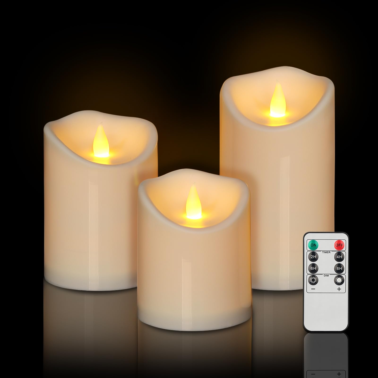 Haown Outdoor Indoor Flameless Candles, Patented 3D Dual-LED, Set of 6 Slanted Top Durable Plastic Pillars with 2 Remotes & Timer, Non-Melting Waterproof Battery Candles for Patio Garden (Ivory) — view 10