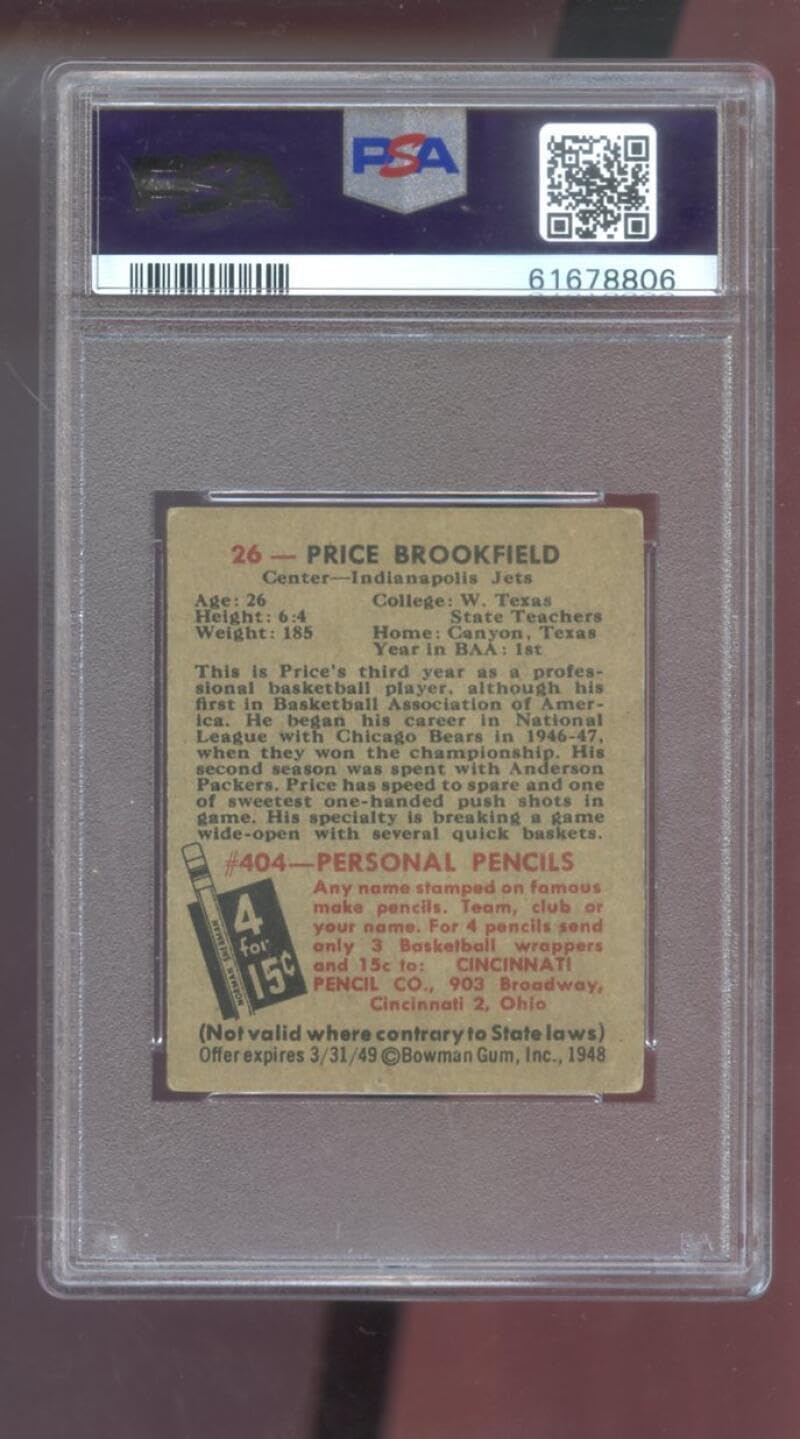 1948 Bowman #26 Price Brookfield ROOKIE RC PSA 4 Graded Basketball Card 48 Jets - Unsigned Basketball Cards