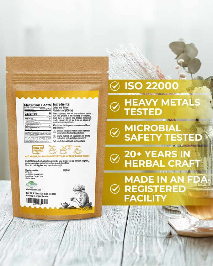 Image of 60 Bags Mullein Leaf Tea (Verbascum L.) - 60 Count 2g Bags Mullen Leaves Mullein Loose Leaf Mulungu Hoja De Gordolobo