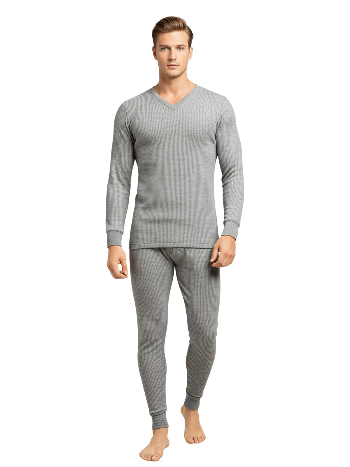HEATEK Men's Grey Melange V Neck Full Sleeve Skin Friendly Winter Wear Thermal Top and Bottom Set | Thermal Set for Men | Style 777