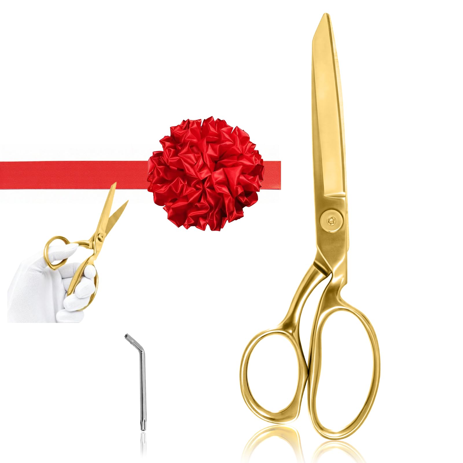 Photo 1 of Grand Opening Ribbon-Cutting Ceremony Kit – Includes Gold Scissors, Flower Ball, Red Ribbon & White Gloves,Suitable for all ribbon-cutting and inauguration ceremonies (Mirror Polished Handle)