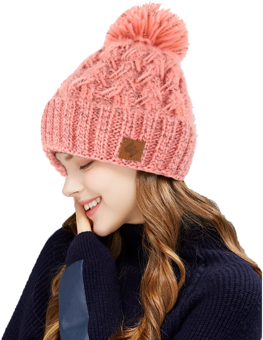 4Sold Women's Pink White Beanie Warm Winter Corkscrew Cable Knitted Bobble Hat Plain Ski Pom Wooly Cap