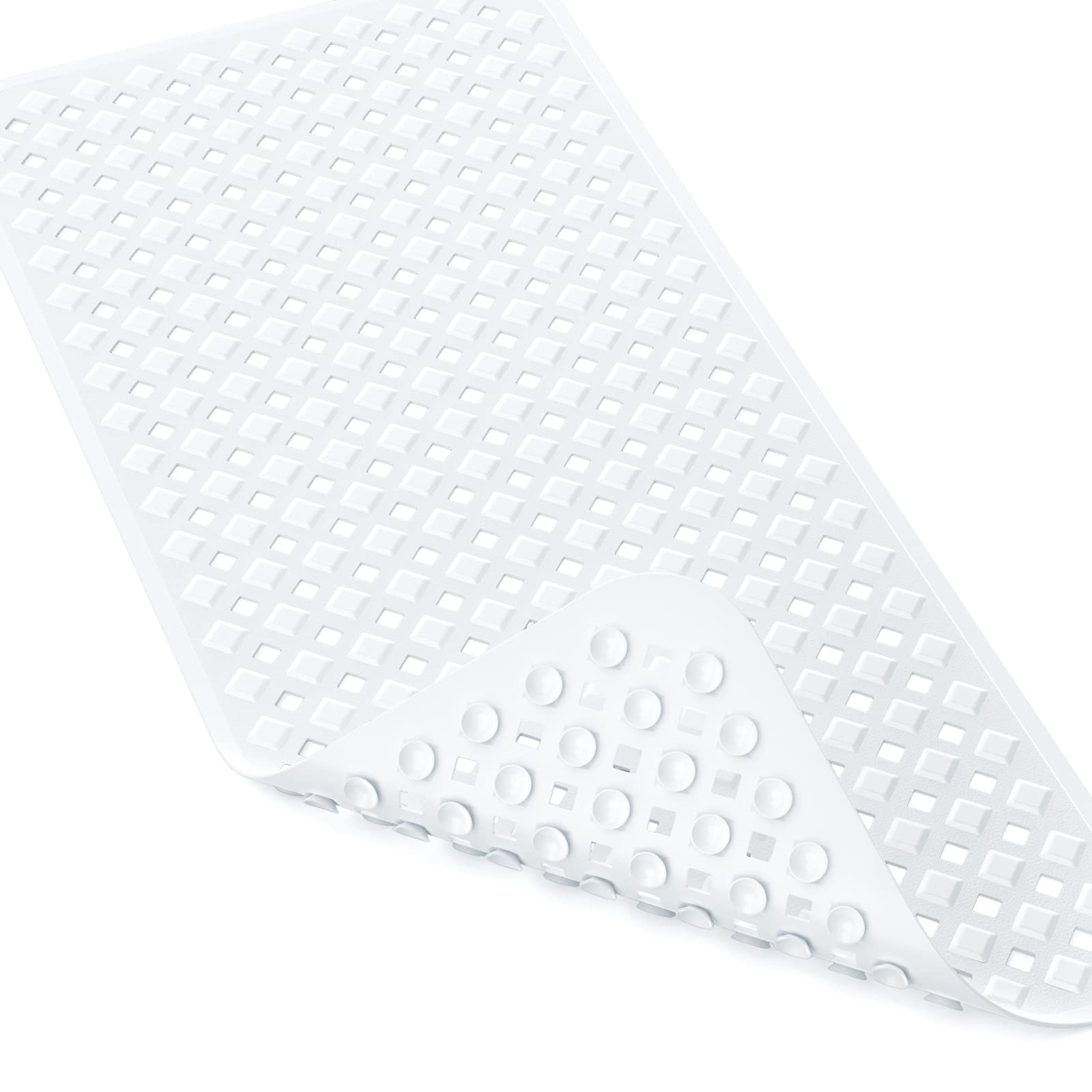 XIYUNTE Bathtub Mat Non Slip, Long Bath Mats for Tub, Anti Slip Shower Mat with Drain Holes and Suction Cups, Safety Bath Tub Mat for Elderly and Kids, Machine Washable, 35 x 16 Inches, White