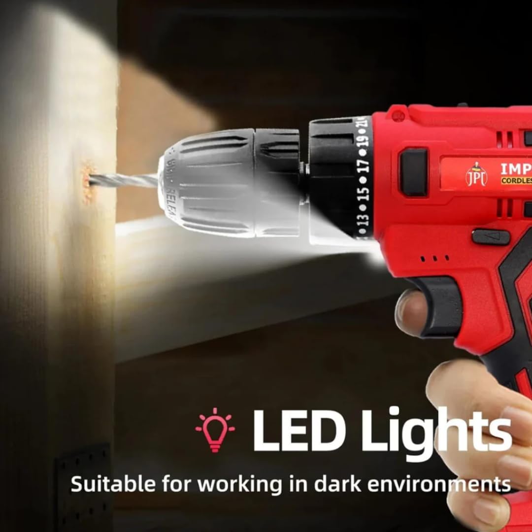 JPT Heavy-Duty 21V Impact Cordless Drill Machine | 28N.M Torque | 0-1350RPM Speed | 25+3 Gears Setting | 2 Speed Modes | Bright LED Light | Forward & Reverse | 2000mAh Battery | Fast Charger - Image 6 thumbnail