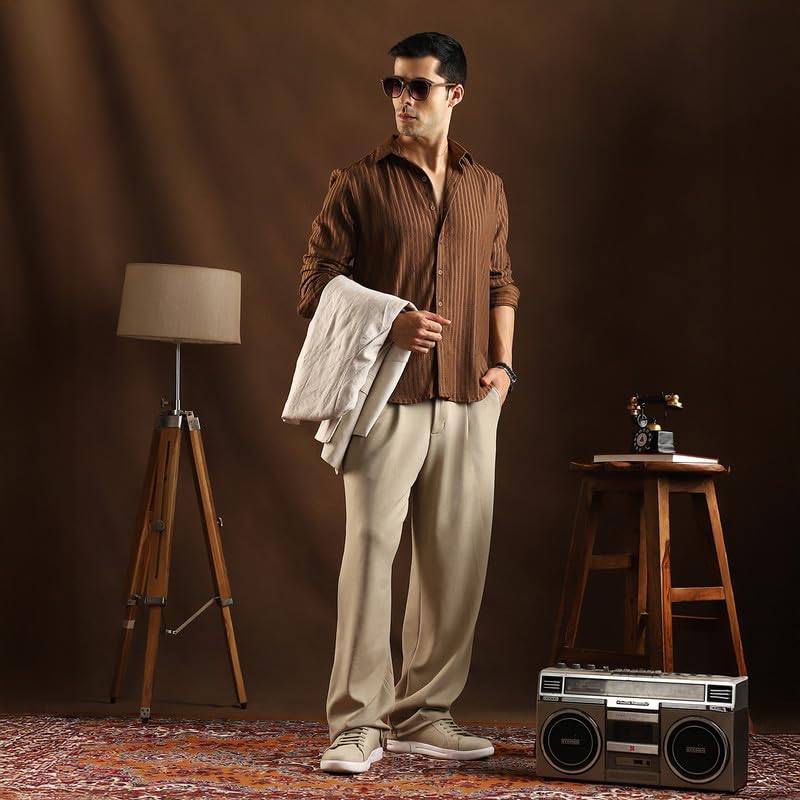 Image of CAHOOT Men Chocolate Brown Ripple Trough Shirt for Casual Wear Mid Rise Regular Fit Button Closure Crafted with Comfort Everyday