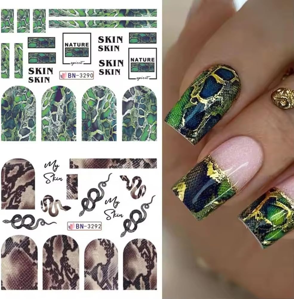 Snake Nail Art Stickers, Snake Nail Decals Water Transfer Nail Art Supplies New Year Cute Snake Flowers Nail Tattoo Stickers Accessories for Women Girls(12Sheets) image 5