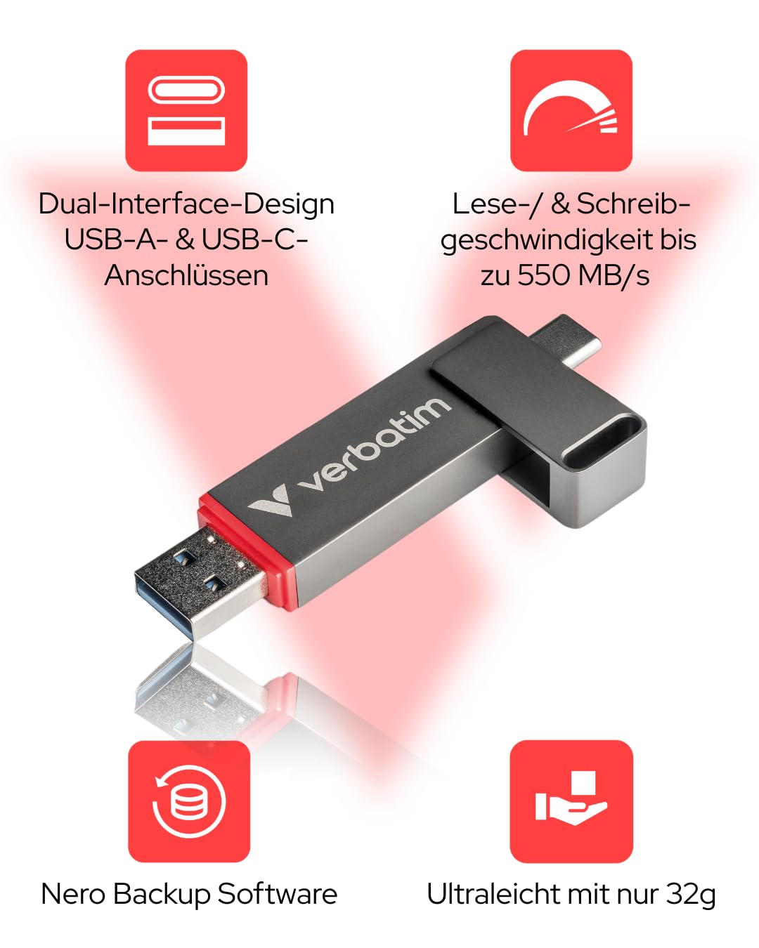 Verbatim Dual QuickStick 512GB Externe SSD USB-C USB-A bis 530MB/s | Externe 3.2 Gen 1 SSD, High-Speed USB Stick, extrem schneller Speicherstick für Handy, Laptop, PC und Notebook