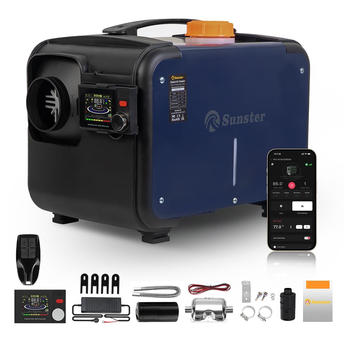 Sunster 8kW Luft Dieselheizung, 12V/24V /230V Diesel Standheizung 0,12–0,45 L/h mit Bluetooth APP & AC Power Adapter, Automatik-Start-Stopp, Tragbare Dieselheizung für LKW Transporter Wohnmobil