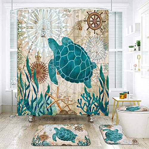 Sea Turtle Shower Curtain Sets With Non-Slip Rugs, Toilet Lid Cover And Bath Mat, Nautical Ocean Shower Curtains With 12 Hook S, Durable Waterproof Bath Curtain #TOP1