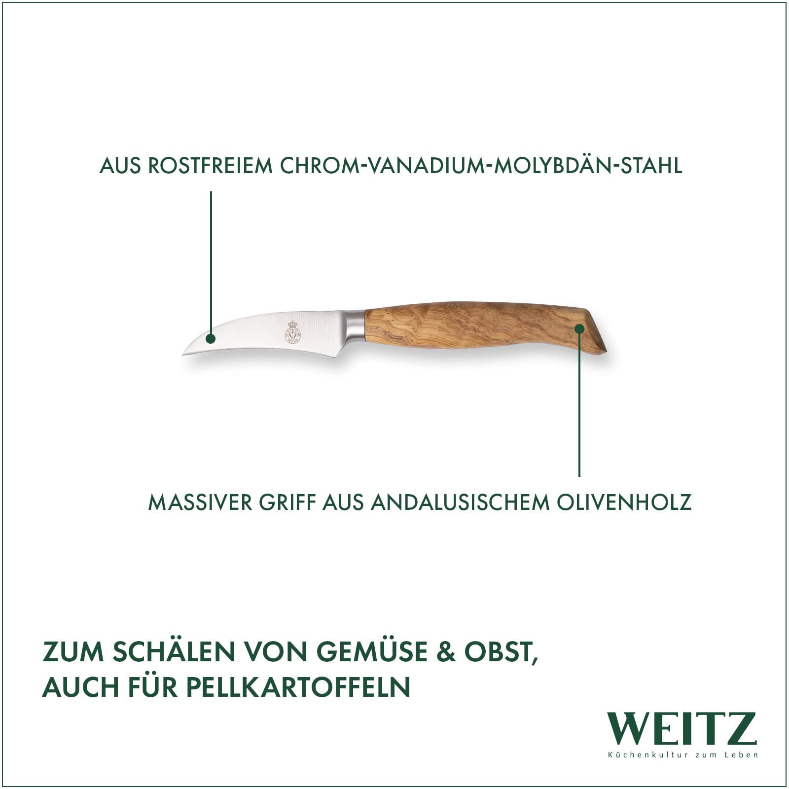 WEITZ Schälmesser 7 cm, Edelstahl mit Olivenholzgriff | Gebogen, Gemüsemesser, Präzisionsmesser aus Solingen, Made in Germany, Langlebig & handlich
