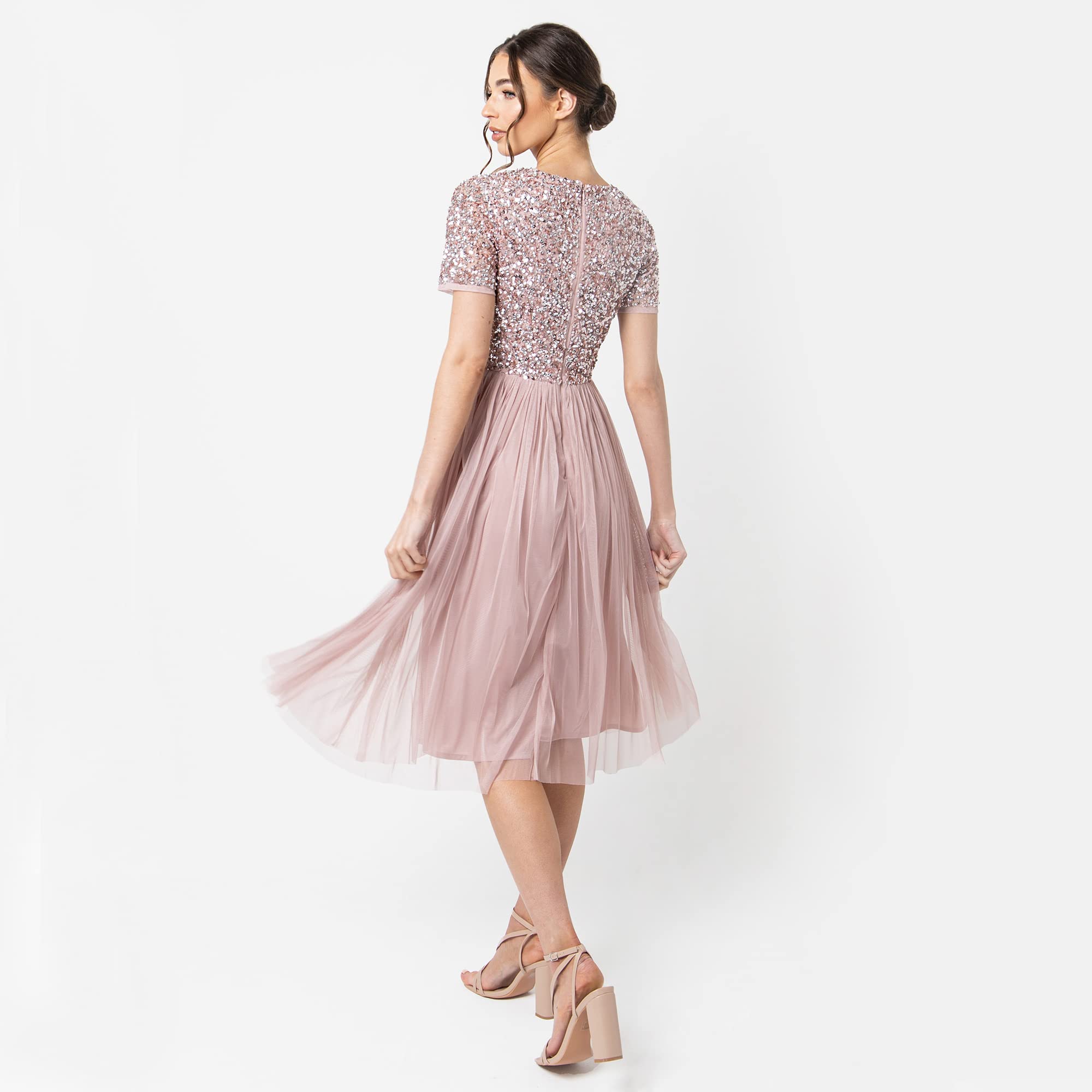 Maya Deluxe Maya Deluxe Embellished Midi Evening Dress For Women Ladies V Neckline with Short Sleeve For Prom Wedding Vestido de Dama de Honor Mujer (Pack de 1)
