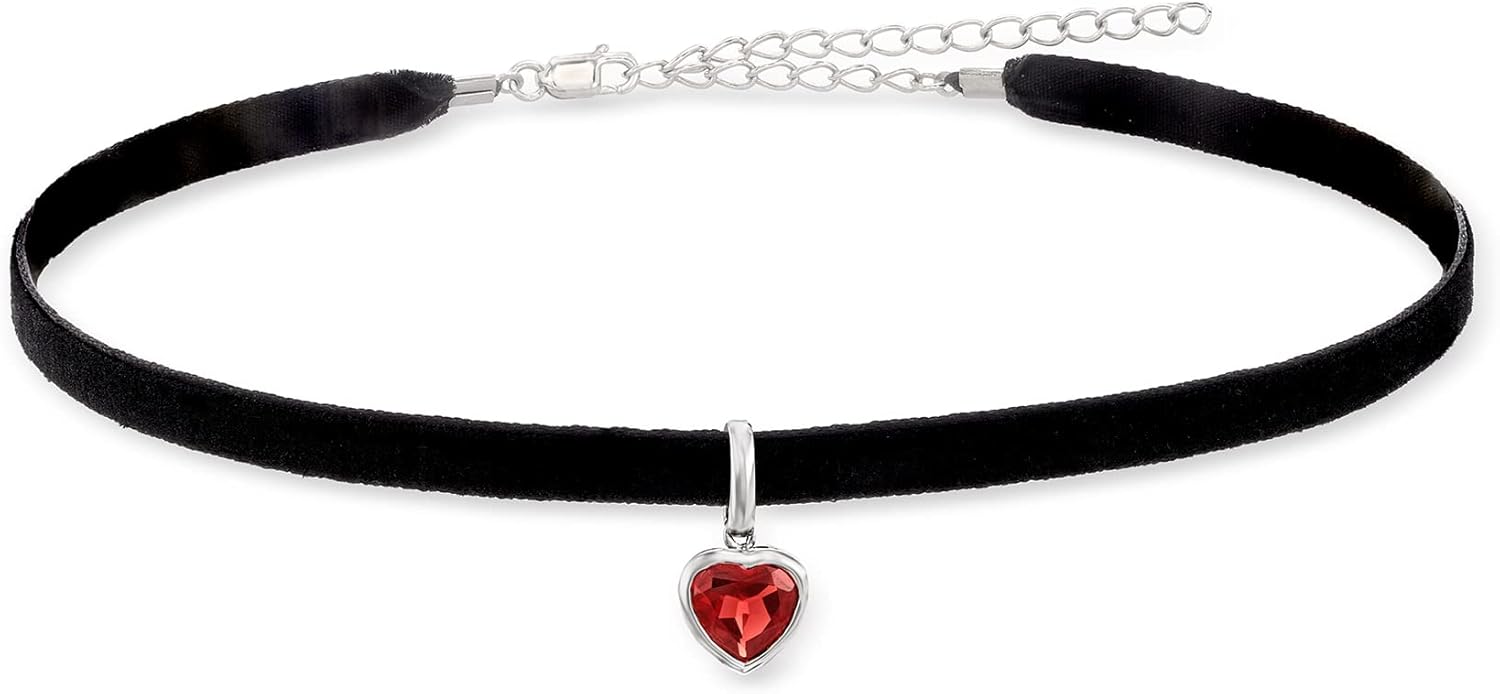Ross-Simons 1.90 Carat Garnet Heart Choker Necklace With Sterling Silver and Black Velvet Cord. 13 inches